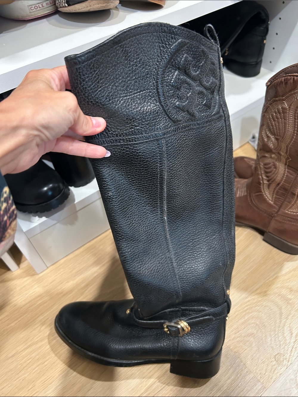 Tory Burch Black Leather Knee-High Logo Riding Boots